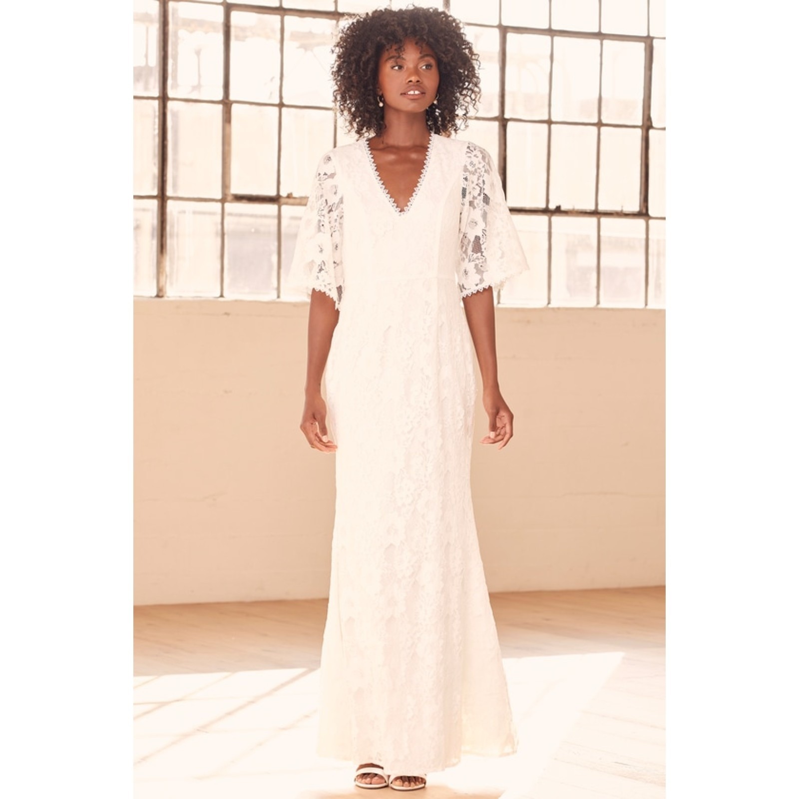 New Lulu's Wedding Belle White Lace Half Sleeve Mermaid Maxi Dress Small